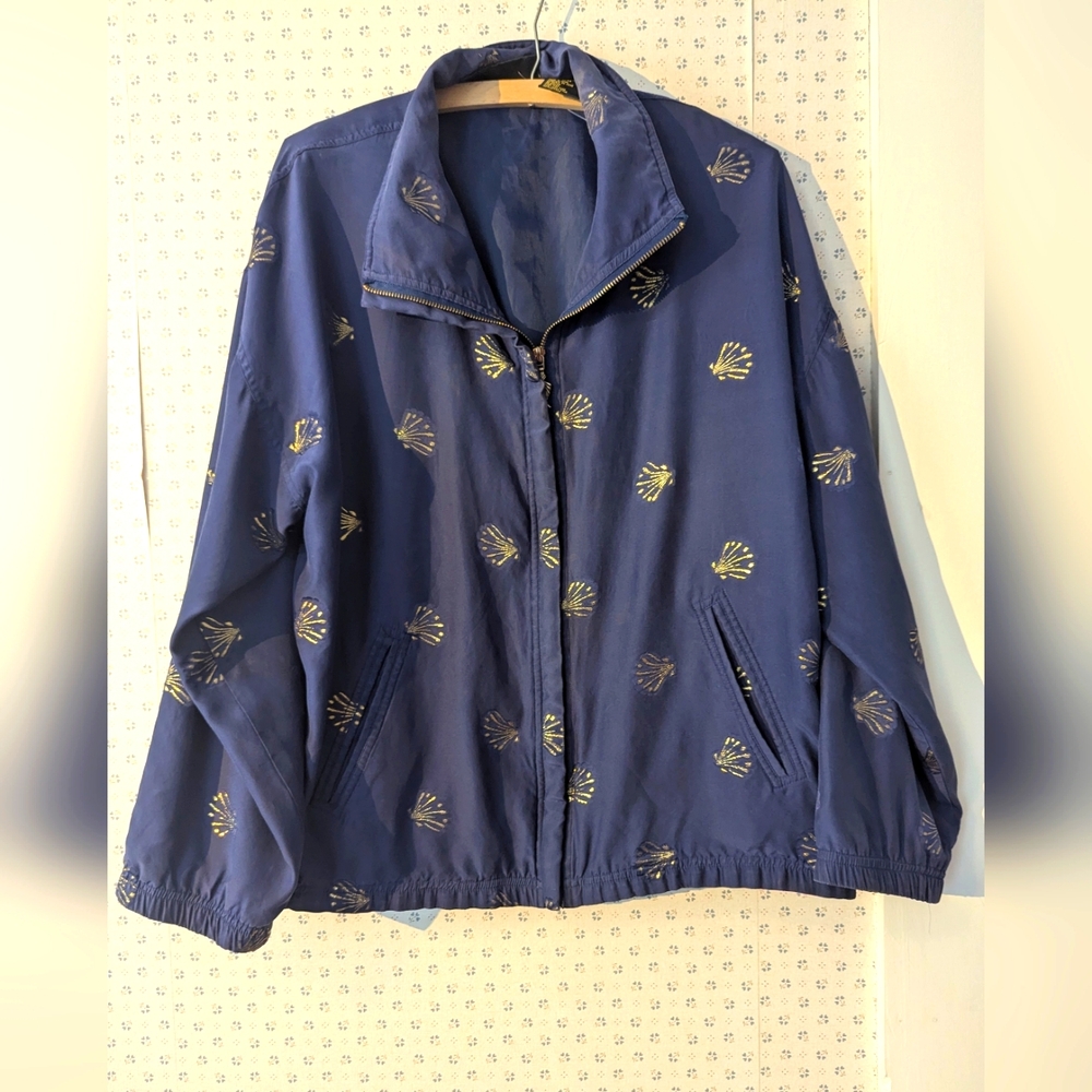 Mureli Silk Jacket Medium Vintage Navy Blue Women's  Gold Accents Shell Designs